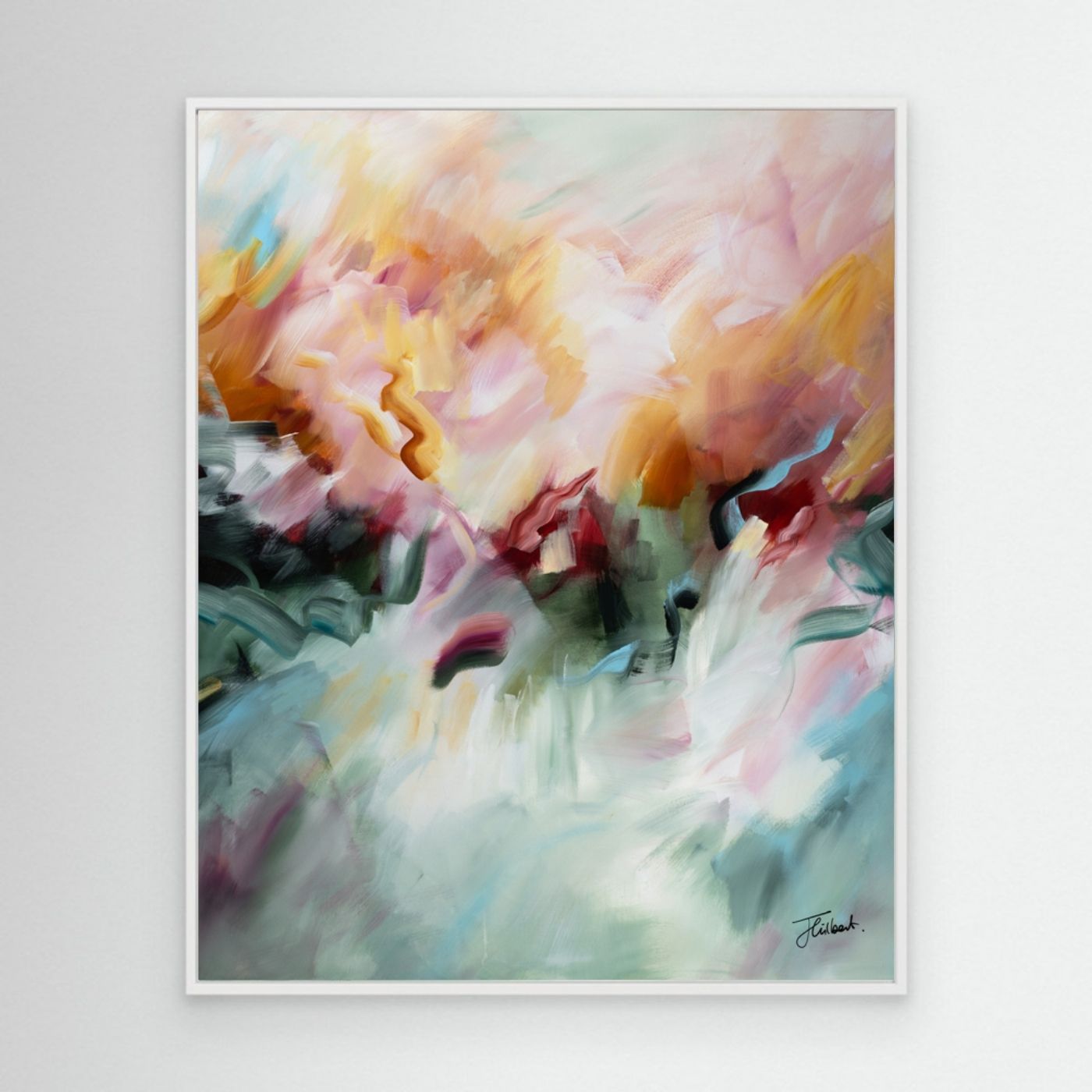 A Sunset's Embrace 2 vertical framed canvas print in a white frame, styled on a wall