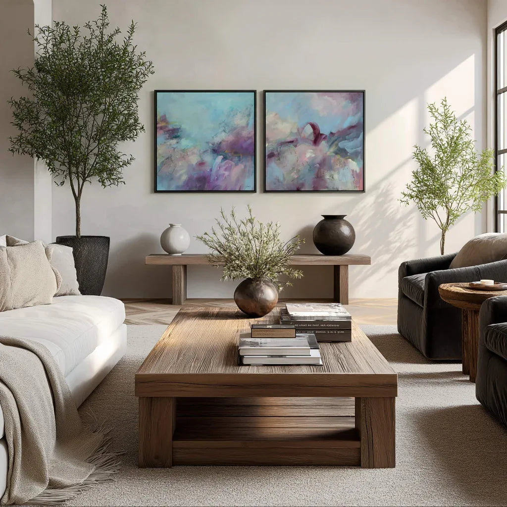 Modern living room with wooden coffee table, decorative vases, and abstract art on the wall.