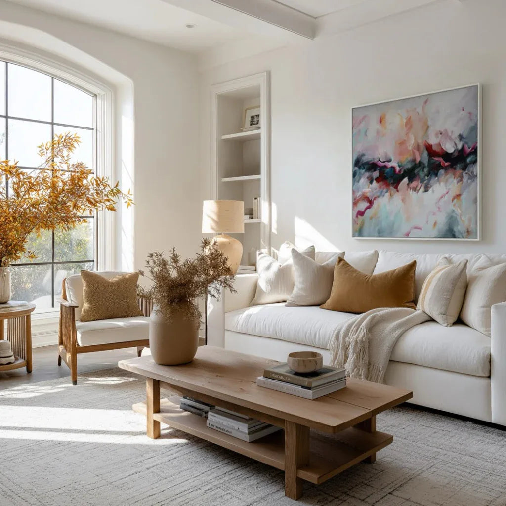 Modern living room with a white sofa, wooden coffee table, and abstract art on the wall.