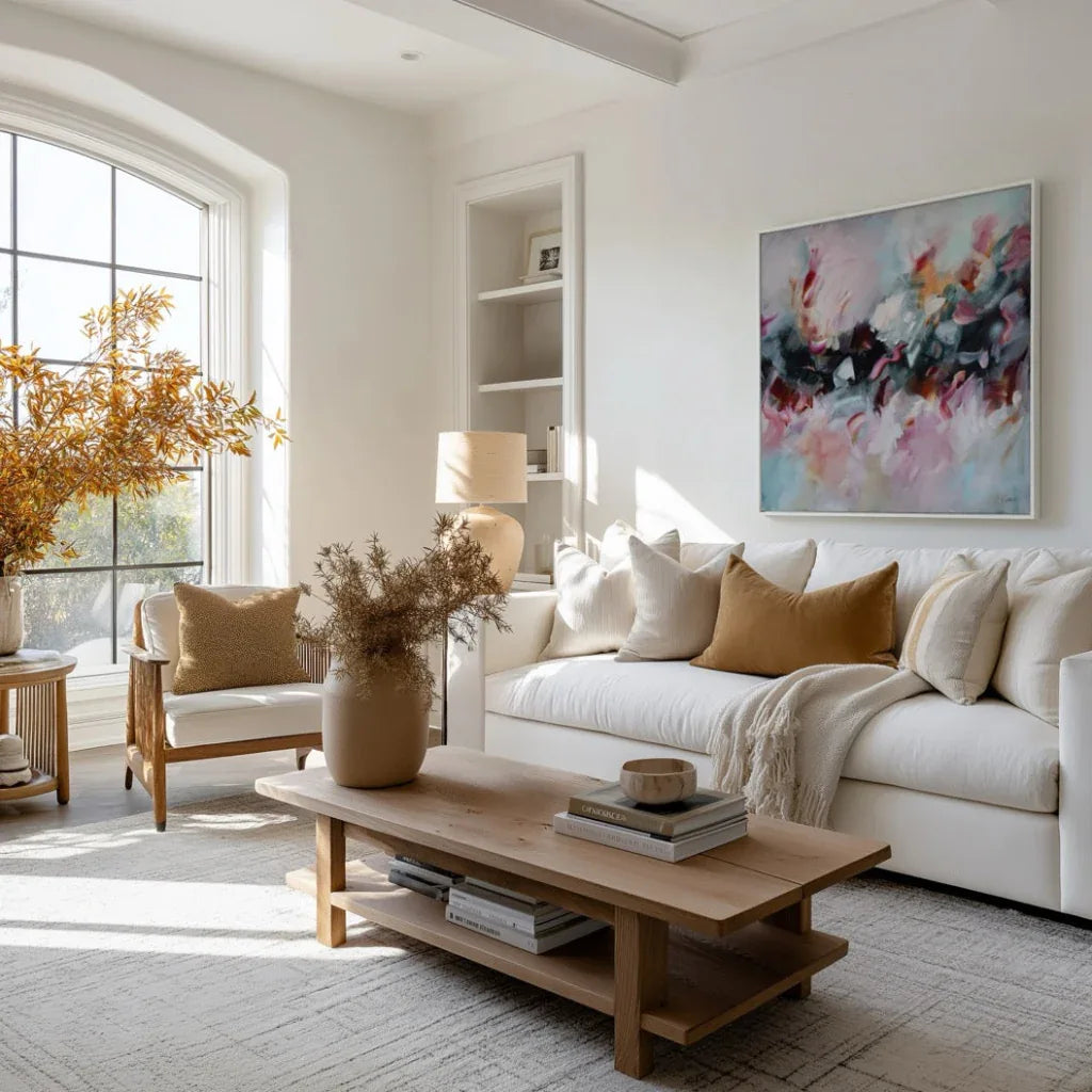 Modern living room with a white sofa, wooden coffee table, and abstract art on the wall.
