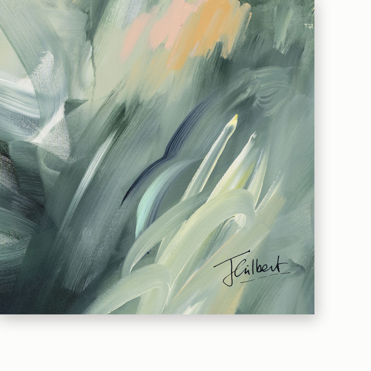 Artist signature on Evergreen Echoes 1 framed canvas print by Joanna Gilbert.