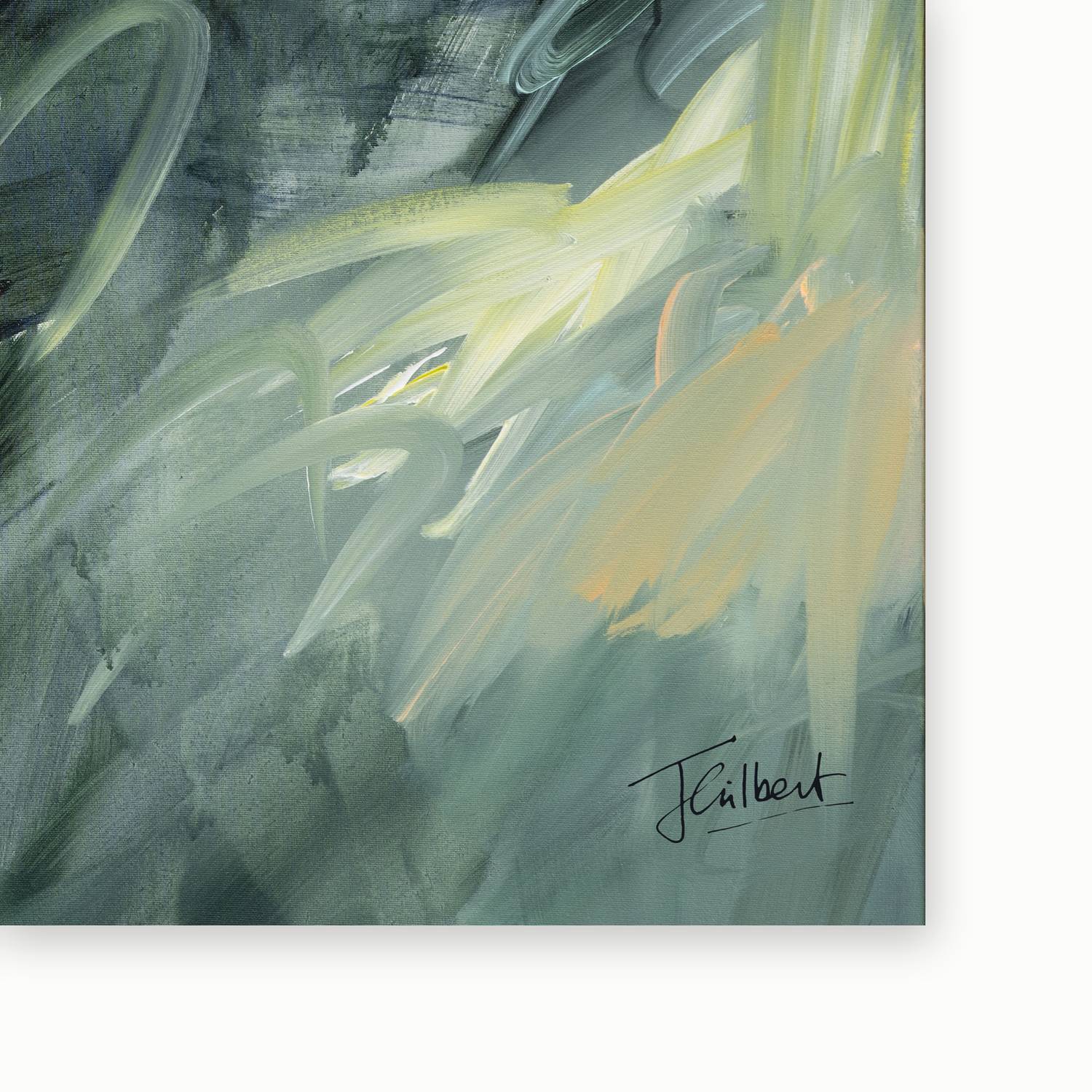 Artist signature on Evergreen Echoes 2 framed canvas print by Joanna Gilbert.