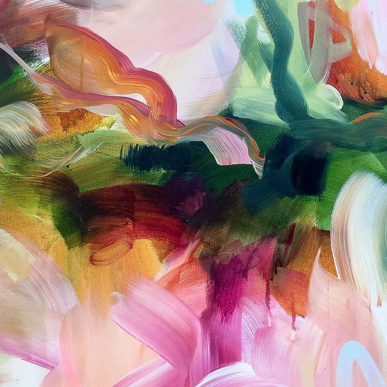 Follow Your Bliss 1 abstract framed canvas print, close-up of the brushwork.