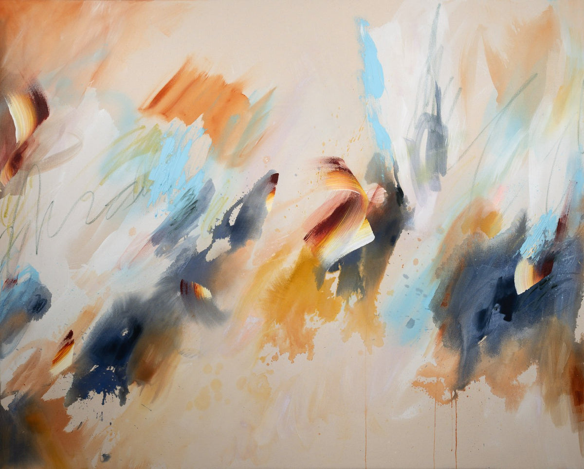 Elemental Flow, original abstract painting by Joanna Gilbert in blue and orange, full view of the canvas