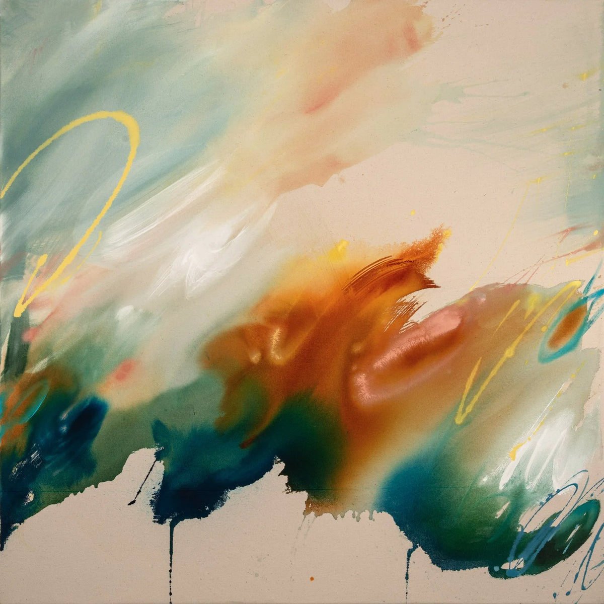 Awake at Dusk, original abstract painting by Joanna Gilbert in amber and green, full view of the canvas