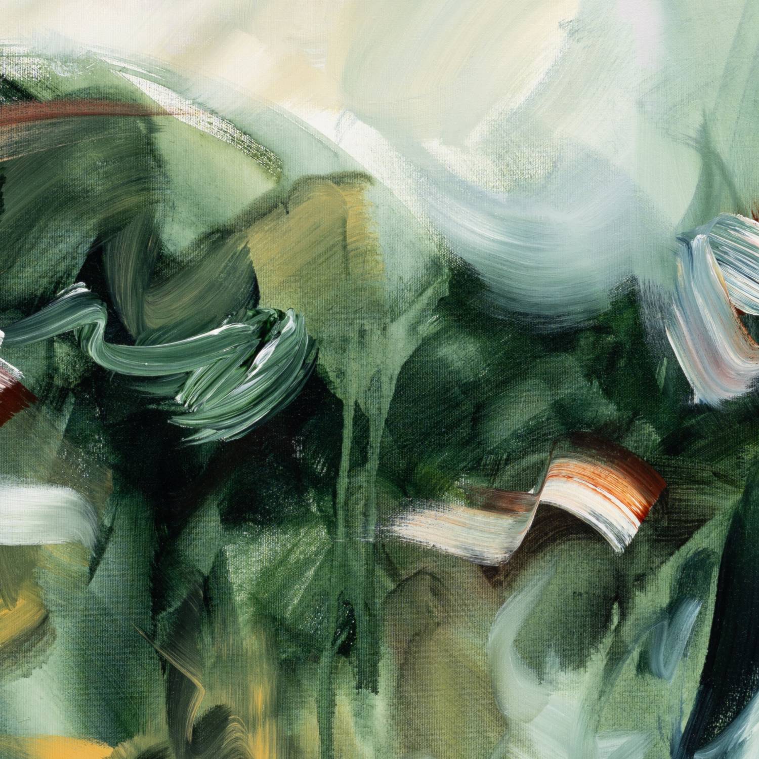Movement in Green 1 abstract framed canvas print, close-up of the brushwork.