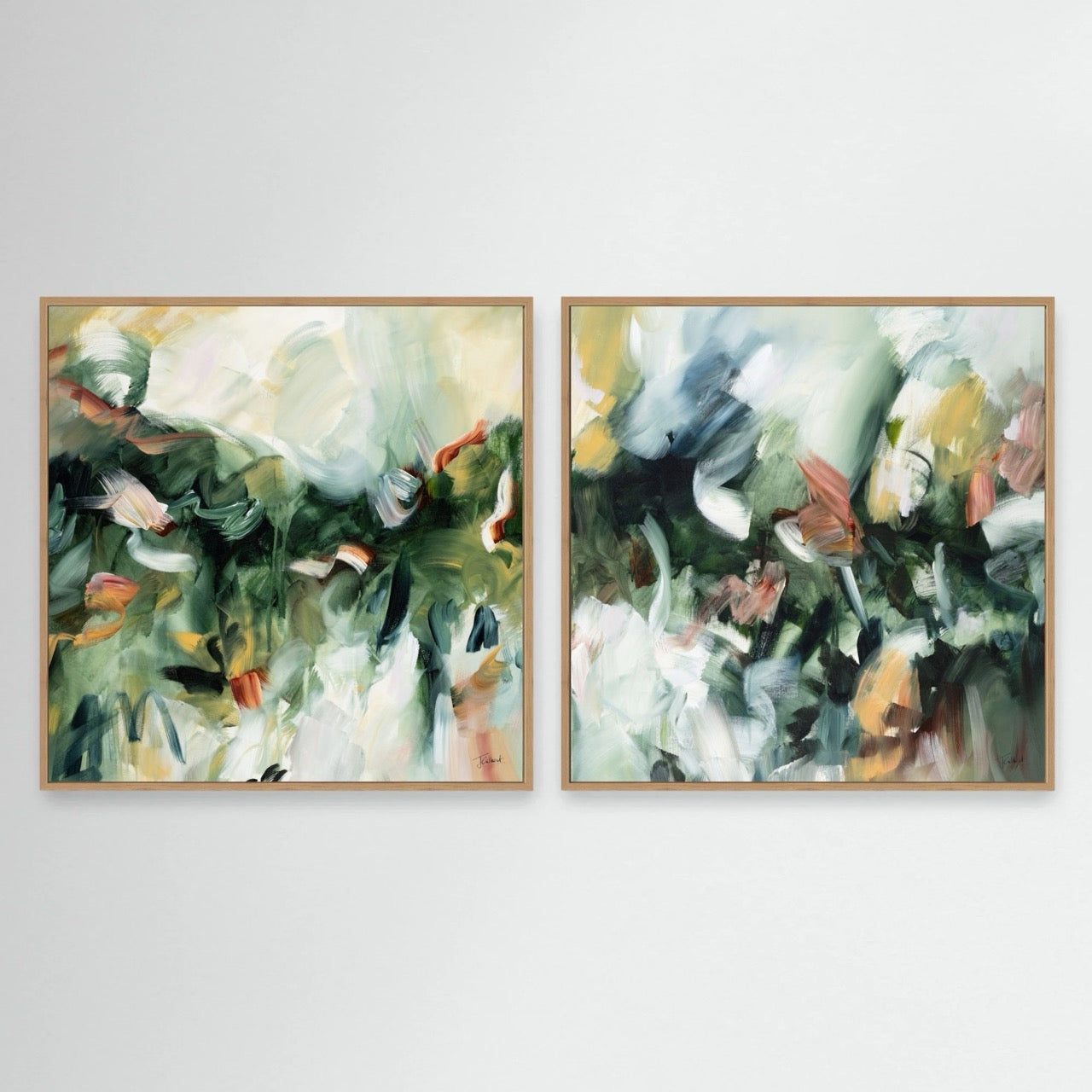 Movement in Green (Pair) - Framed Diptych Canvas Print
