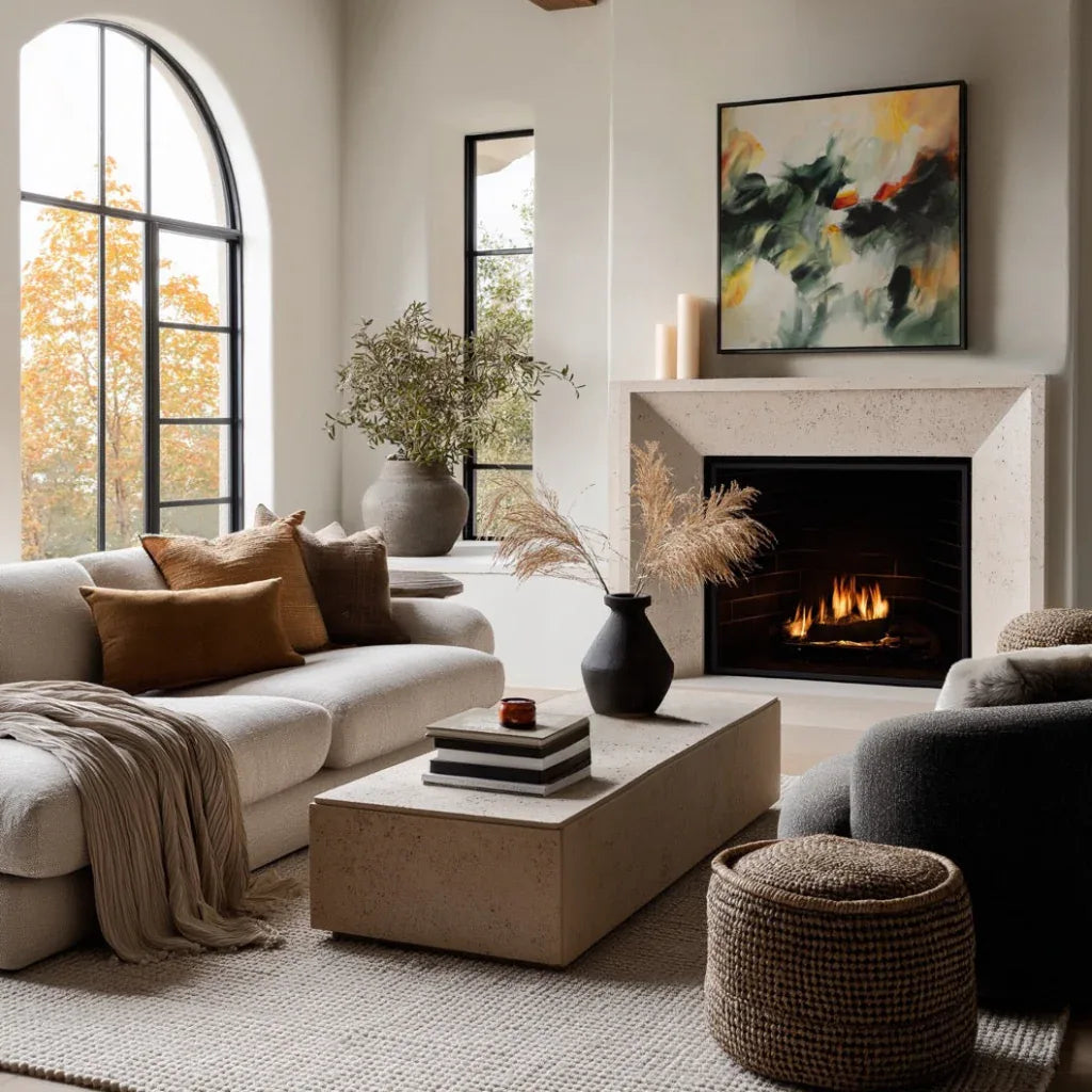 Cozy living room with a fireplace, couch, and decorative elements.