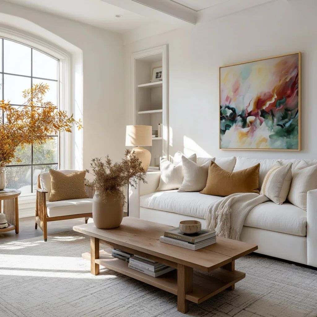 Modern living room with a white sofa, wooden coffee table, and abstract painting on the wall.