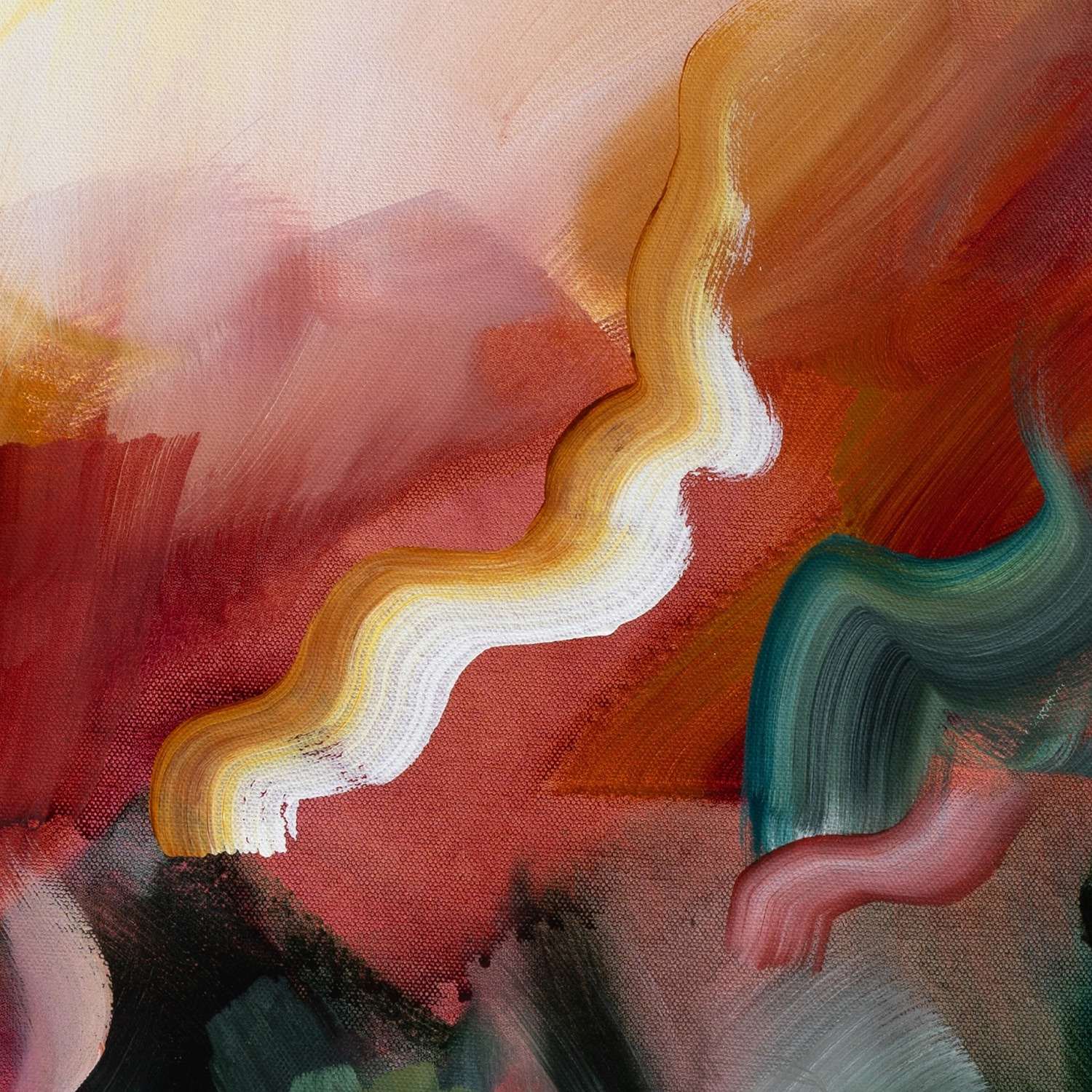 A Sunset's Embrace 1 vertical canvas print, close-up of crimson, gold and cream brushstrokes.