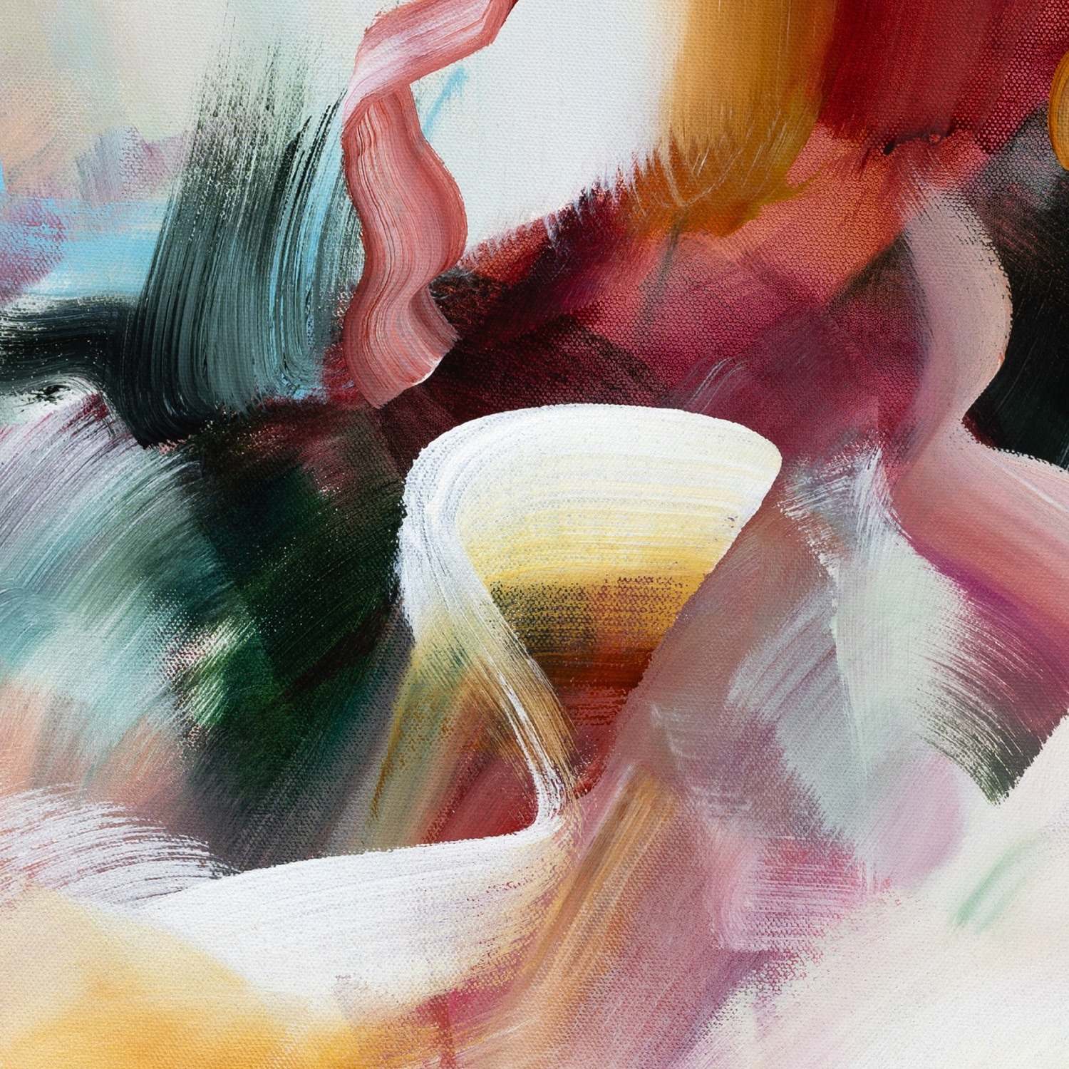 A Sunset's Embrace 1 vertical canvas print, detail of soft green, blush and golden brushwork.