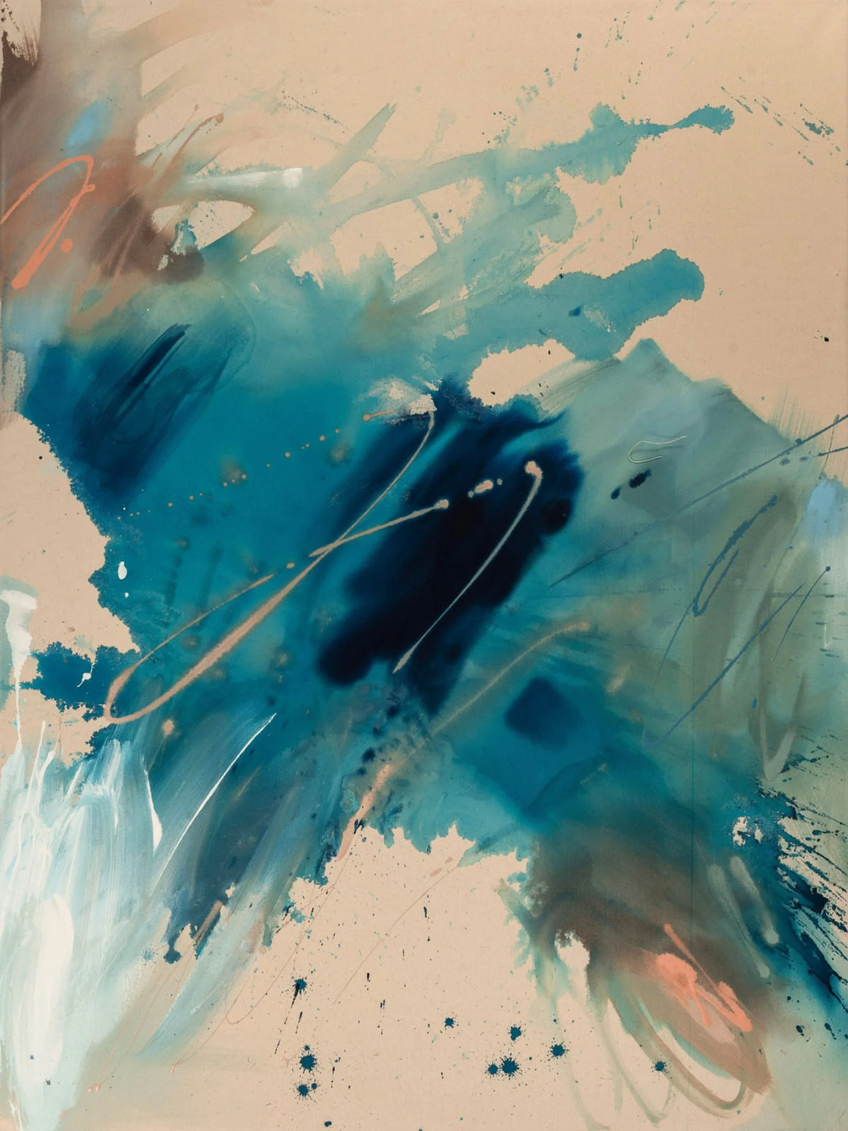 The Colour of Water 1, original abstract painting by Joanna Gilbert in deep teal and blue, full view of the canvas