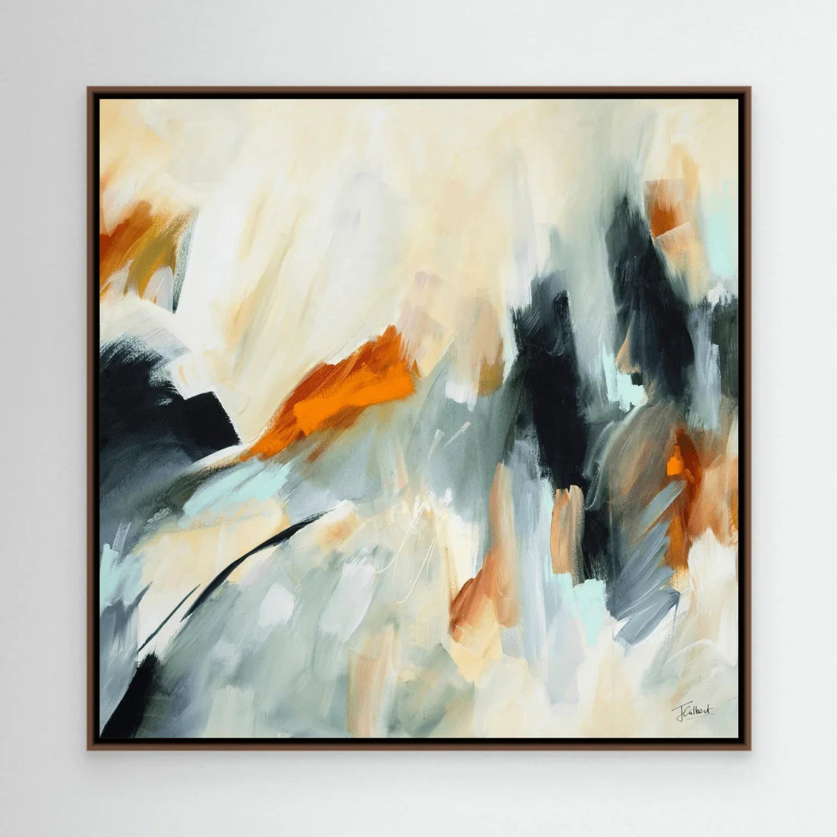 Whispering Heights abstract canvas print in a dark oak floating frame