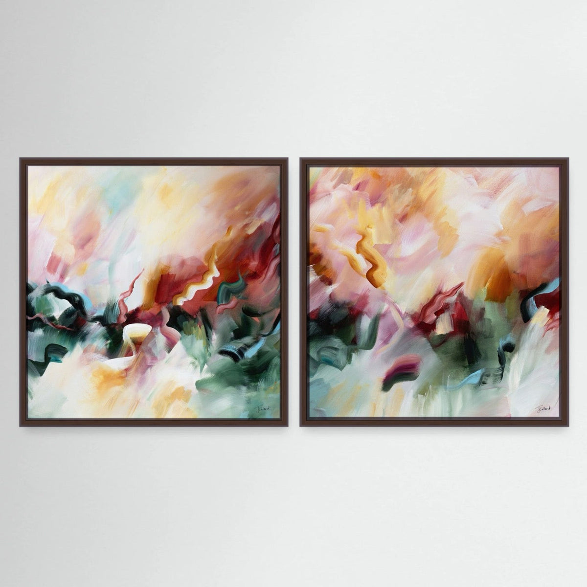 A Sunset's Embrace pair, two abstract framed canvas prints by Joanna Gilbert in dark oak frames