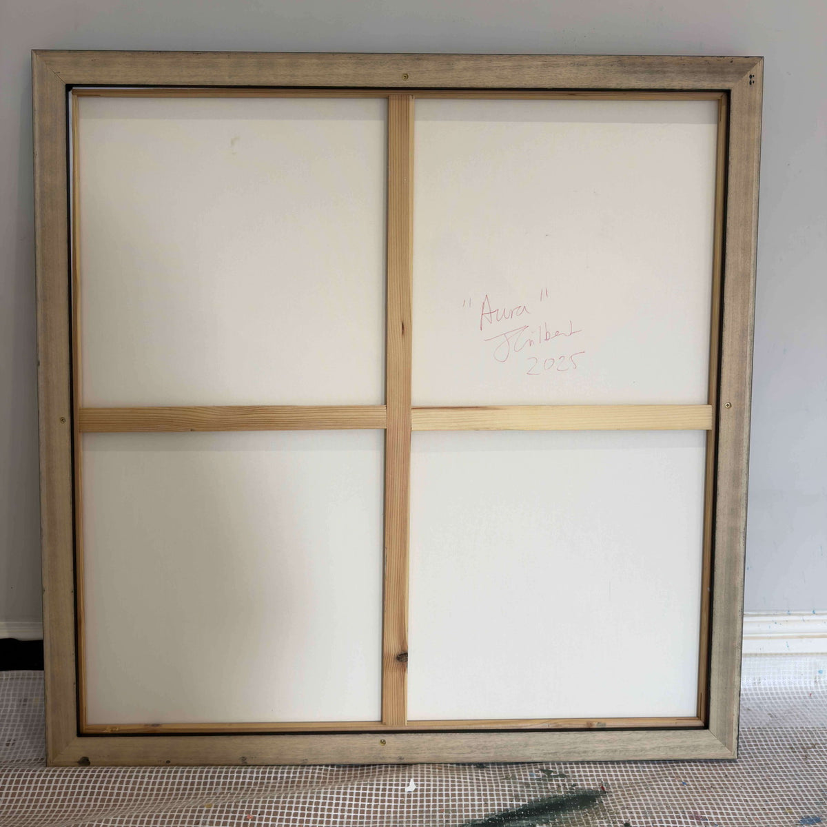 Back of Aura by Joanna Gilbert, canvas titled, signed and dated on the reverse