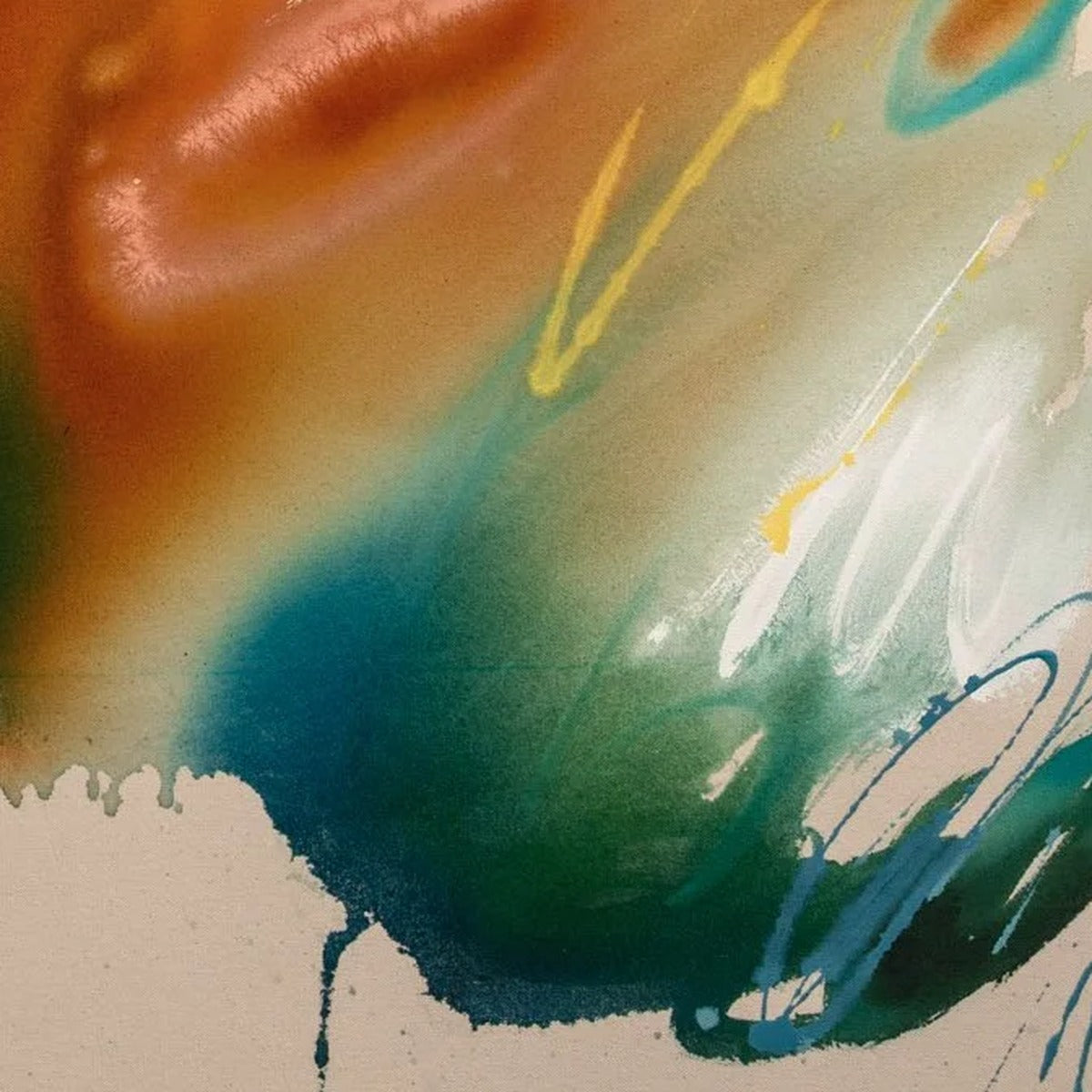 Awake at Dusk, original abstract painting by Joanna Gilbert, close detail of teal and green drips with white marks