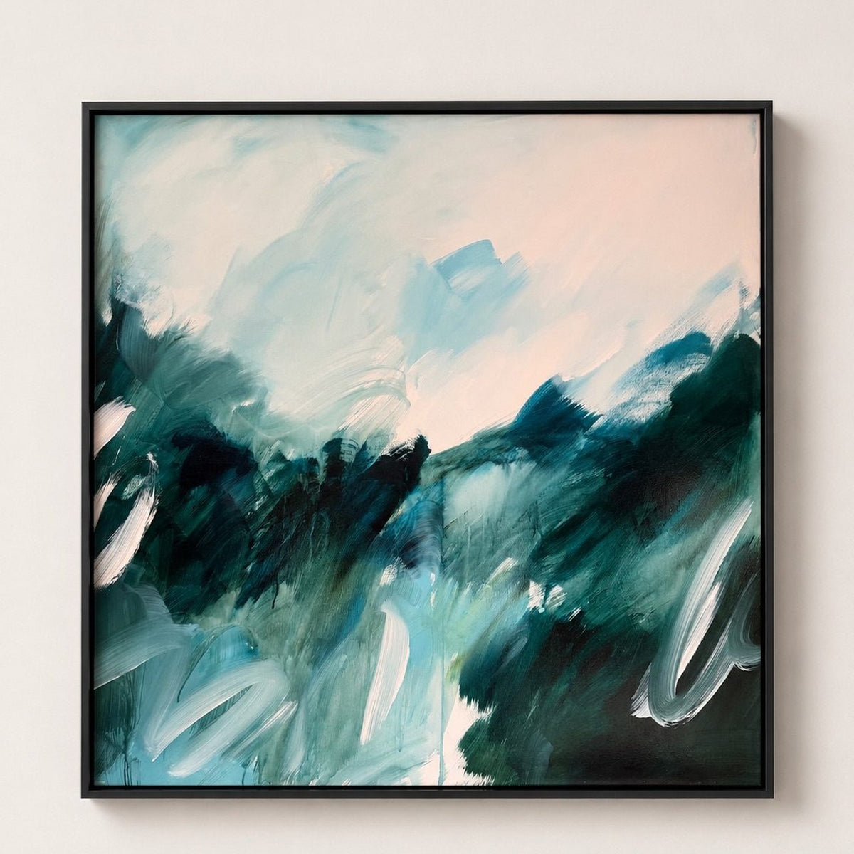 Beneath the Surface, original abstract painting by Joanna Gilbert in a black float frame