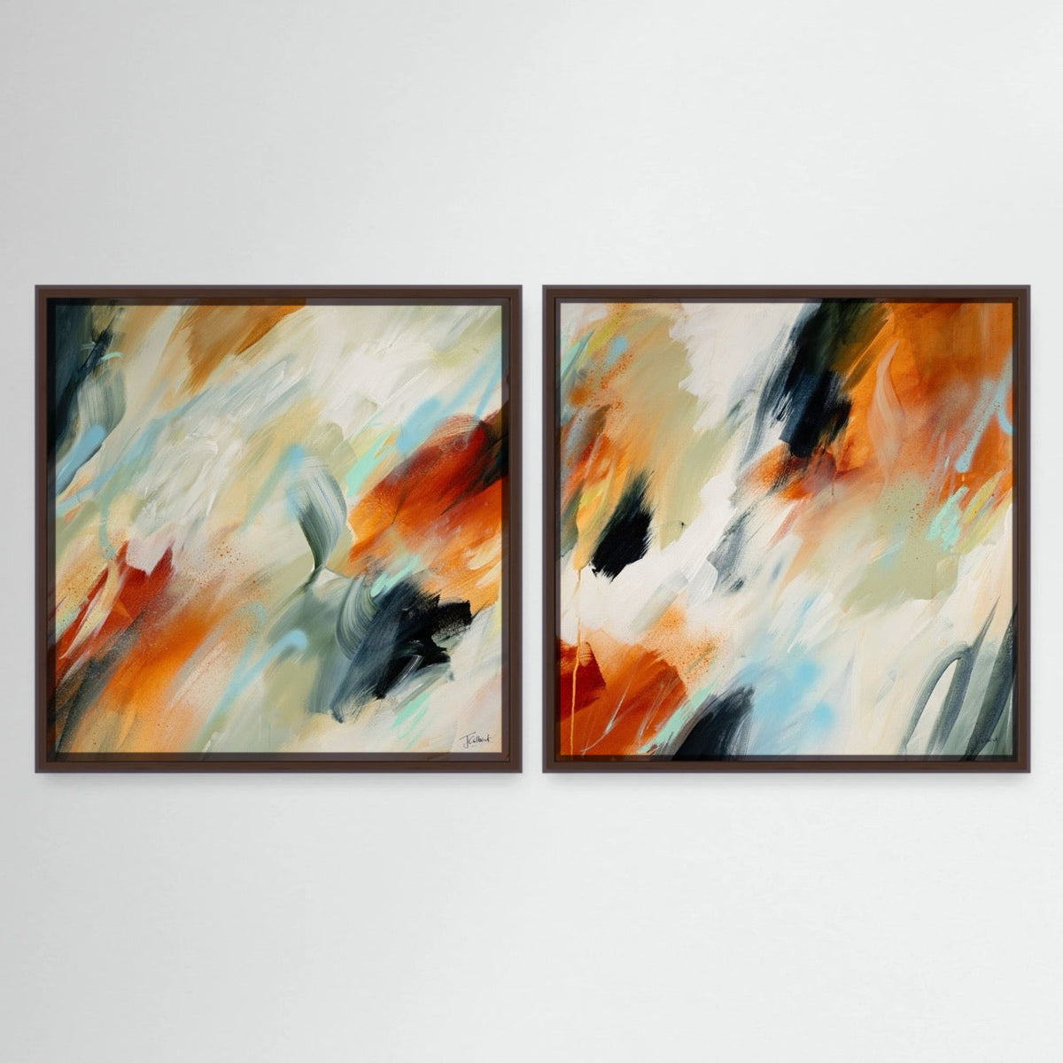 Bold Horizons pair, two abstract framed canvas prints by Joanna Gilbert in dark oak frames
