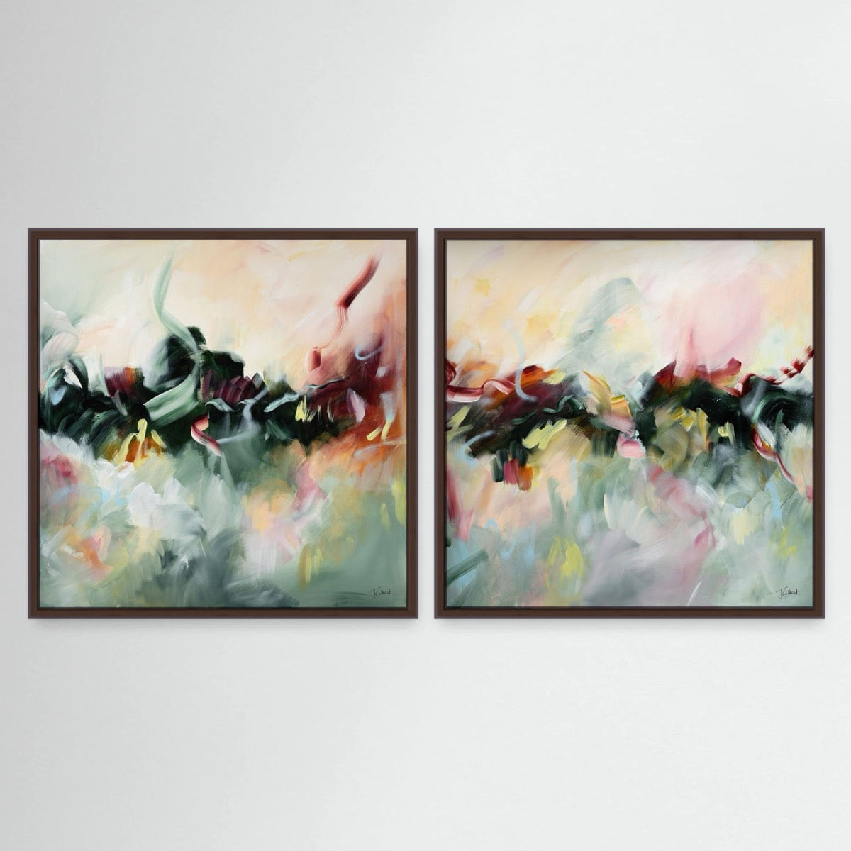 Breathe pair, two abstract framed canvas prints by Joanna Gilbert in dark oak frames