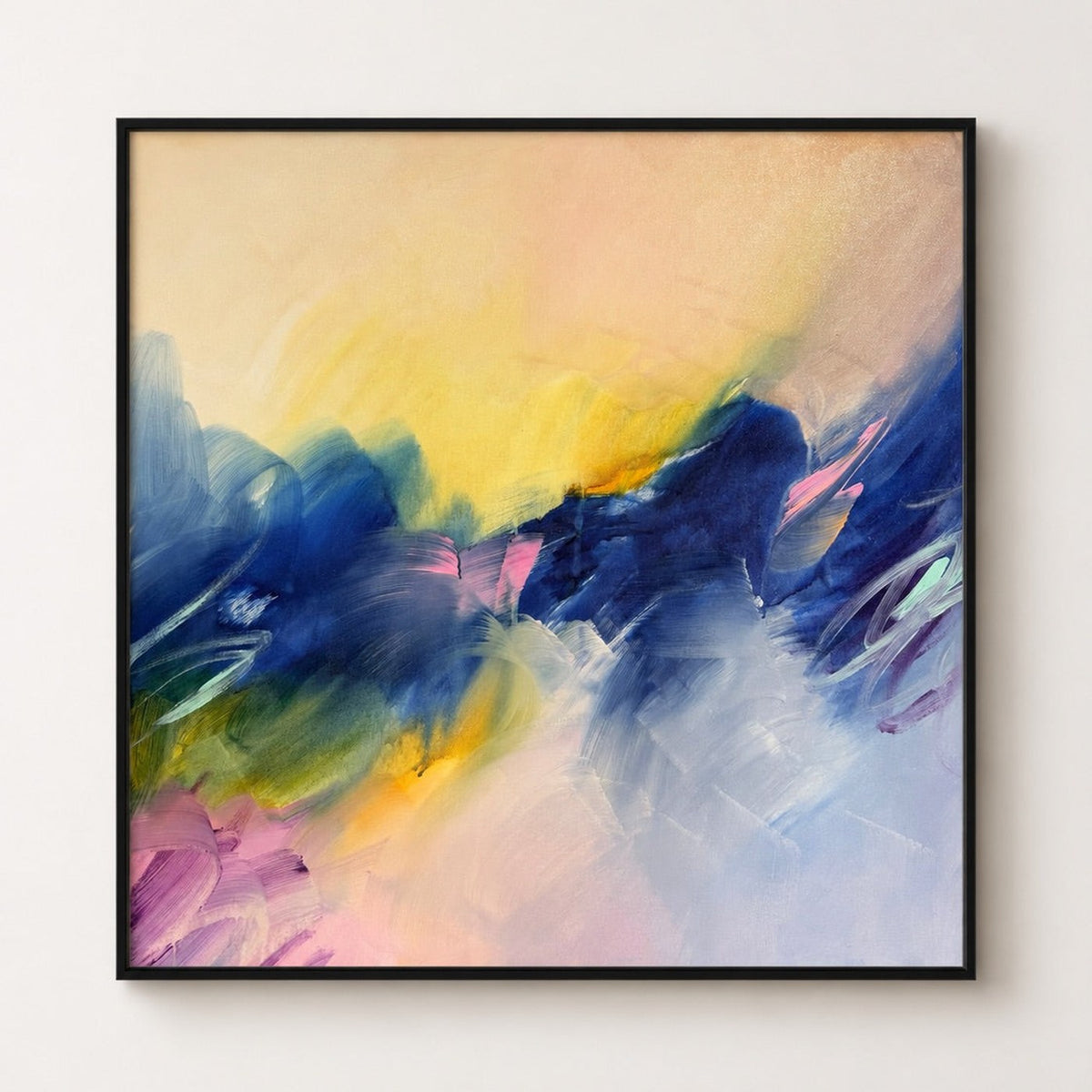 Chasing the Sun, original abstract painting by Joanna Gilbert in a black float frame