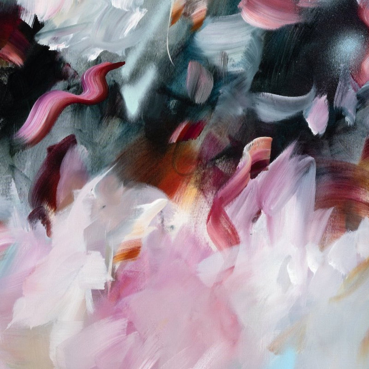 Corps de Ballet 2, original abstract painting by Joanna Gilbert, close detail of the dark centre and pink ribbon stroke