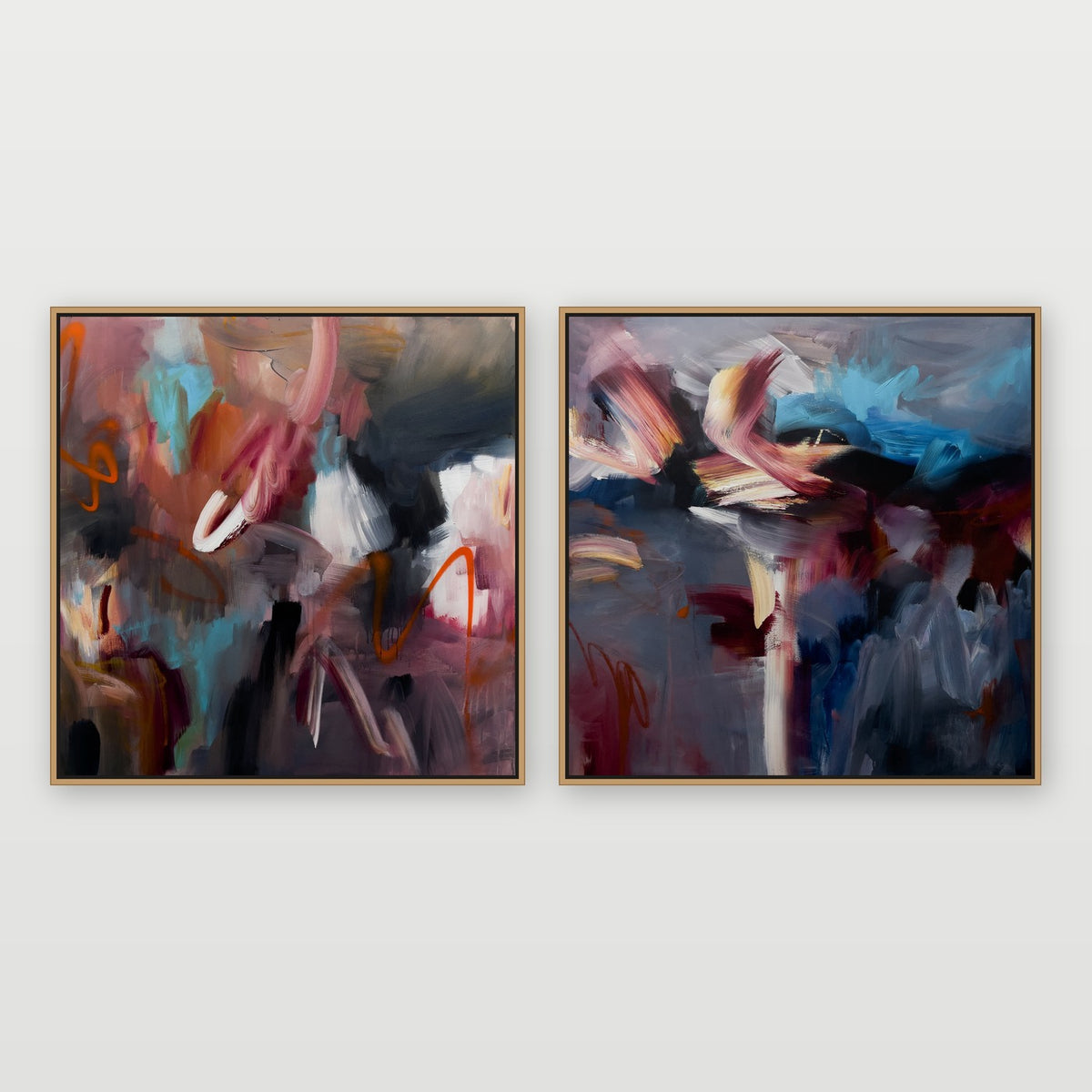 Dancing Leaves and Inner Flame original abstract paintings by Joanna Gilbert, shown as a pair in oak float frames