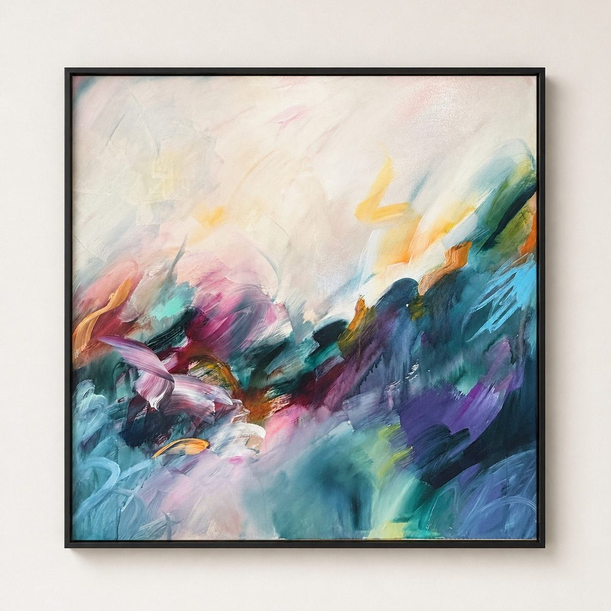 Dreaming in Colour, original abstract painting by Joanna Gilbert in a black float frame