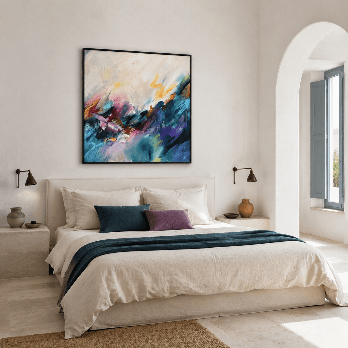 Dreaming in Colour, original abstract painting by Joanna Gilbert, hung above a bed in a bright bedroom