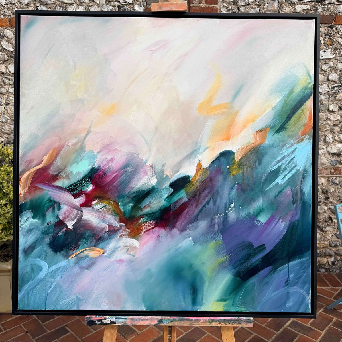 Dreaming in Colour, original abstract painting by Joanna Gilbert in a black float frame