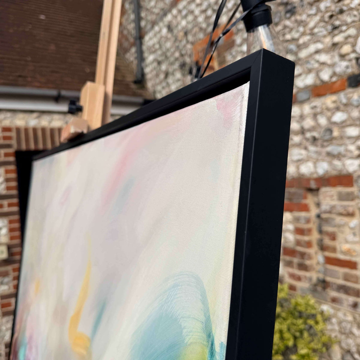 Dreaming in Colour by Joanna Gilbert, corner detail showing the black float frame and canvas