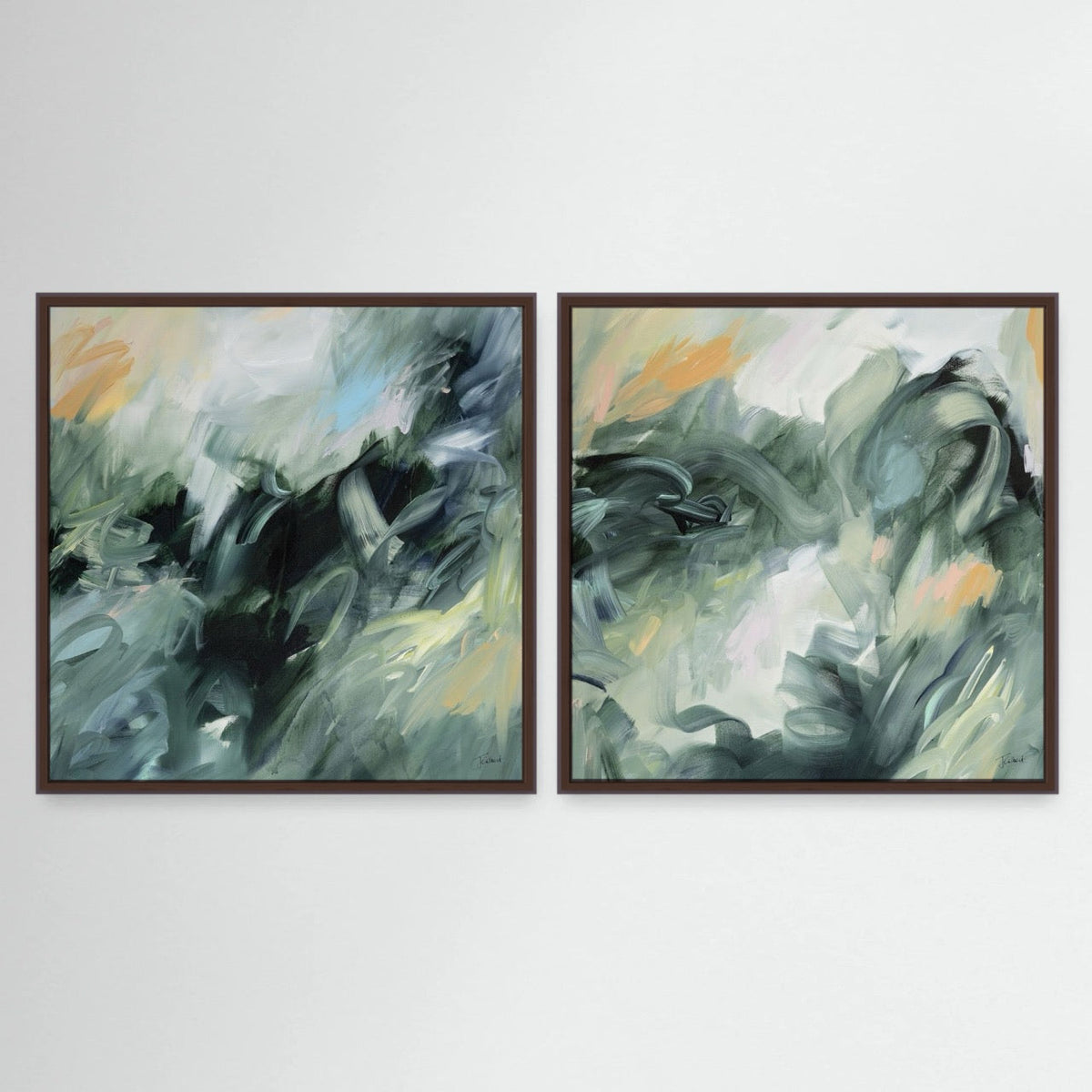 Evergreen Echoes pair, two abstract framed canvas prints by Joanna Gilbert in dark oak frames