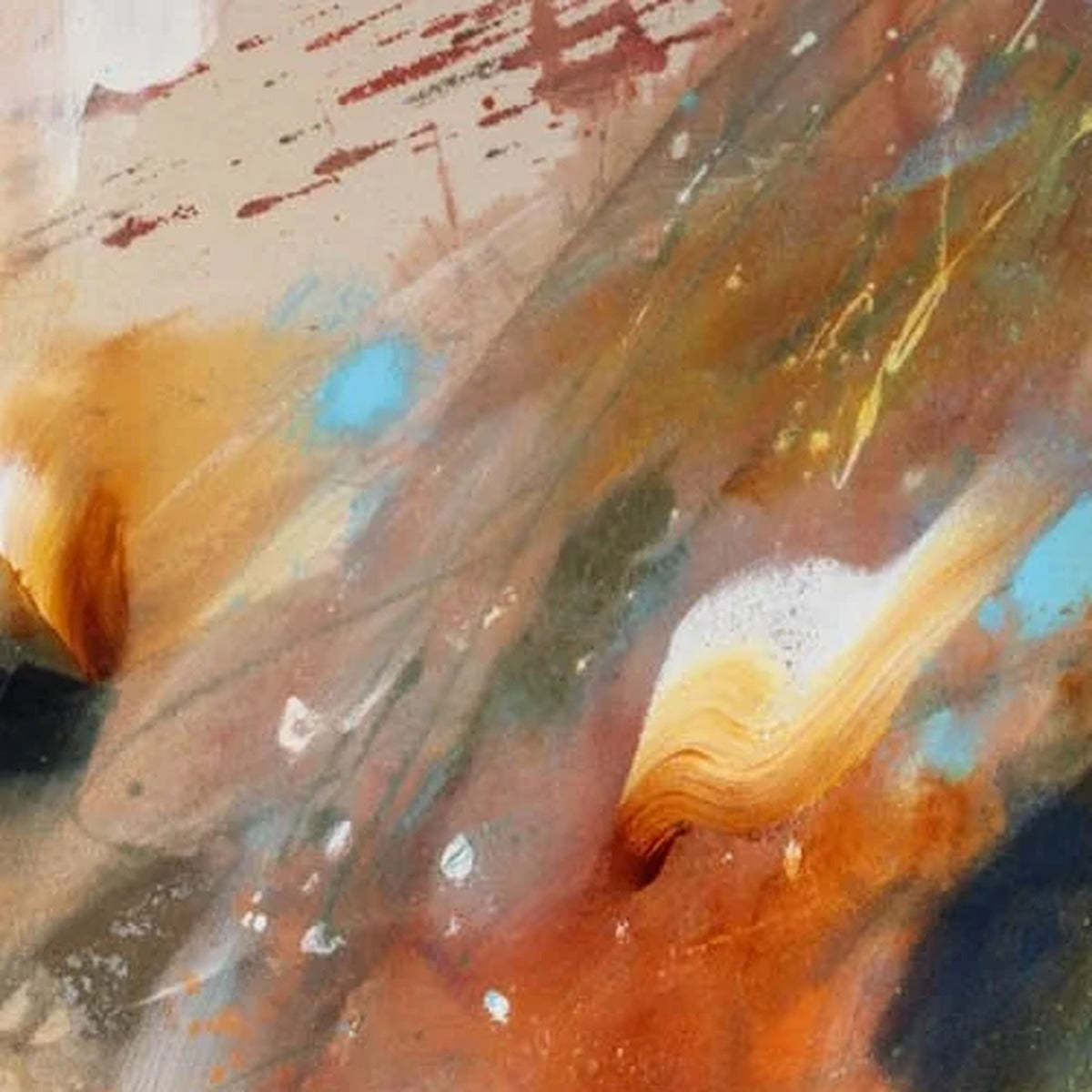 Fire in the Drift, original abstract painting by Joanna Gilbert, close detail of splatters and cream sweeps