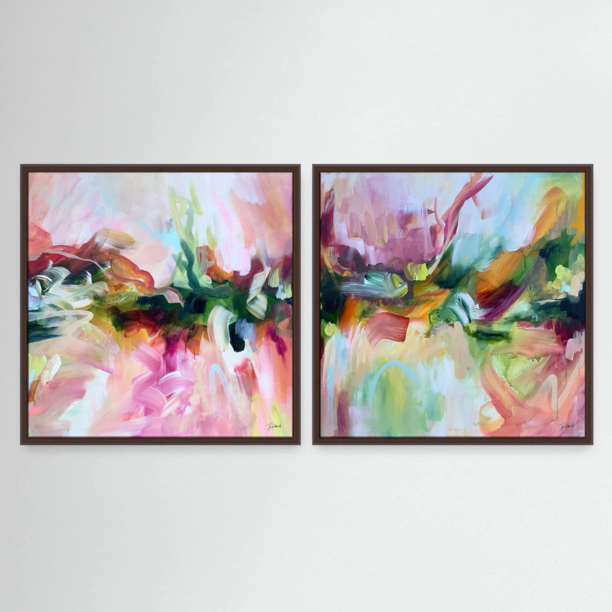 Follow Your Bliss pair, two abstract framed canvas prints by Joanna Gilbert in dark oak frames