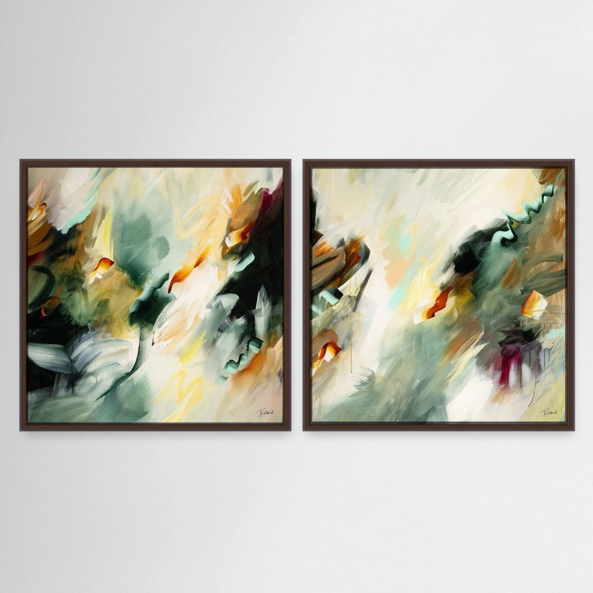 Golden Drift pair, two abstract framed canvas prints by Joanna Gilbert in dark oak frames