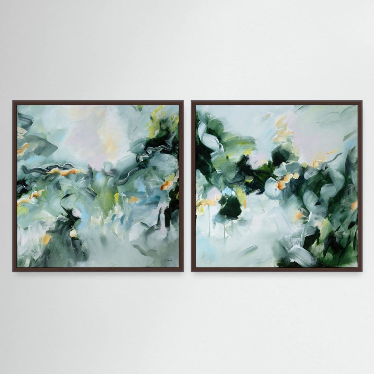 Heavenly Sounds pair, two abstract framed canvas prints by Joanna Gilbert in dark oak frames