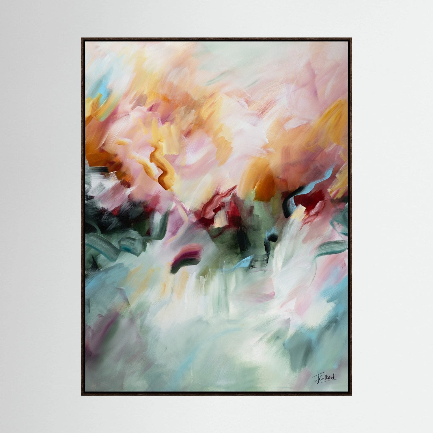 A Sunset's Embrace 2 abstract painting in a dark oak frame, a vertical framed canvas print by Joanna Gilbert.