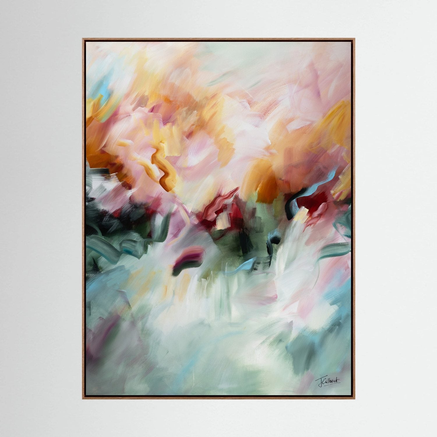 A Sunset's Embrace 2 abstract painting in an oak frame, a vertical framed canvas print by Joanna Gilbert.
