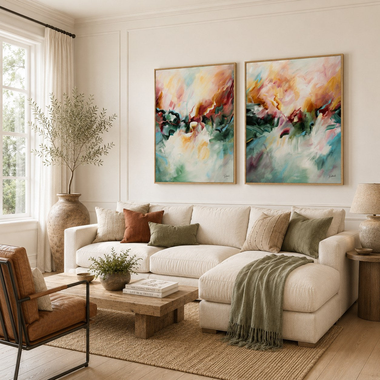 A Sunset's Embrace vertical framed canvas print pair by Joanna Gilbert, shown together on a living room wall