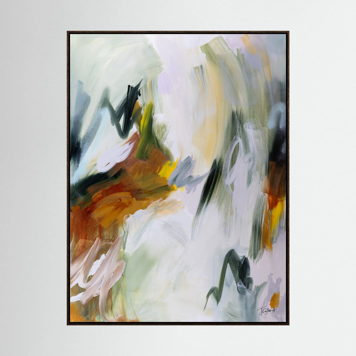 Embracing the Unknown 1 abstract painting in a dark oak frame, a vertical framed canvas print by Joanna Gilbert.