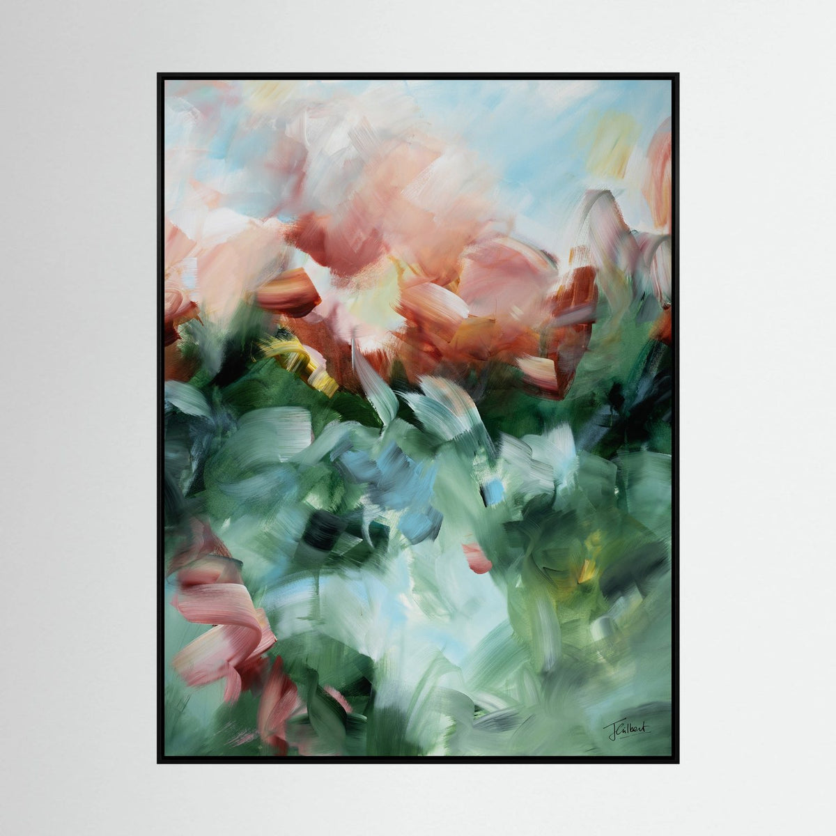Emerald Glow 1 abstract painting in a black frame, a vertical framed canvas print by Joanna Gilbert.
