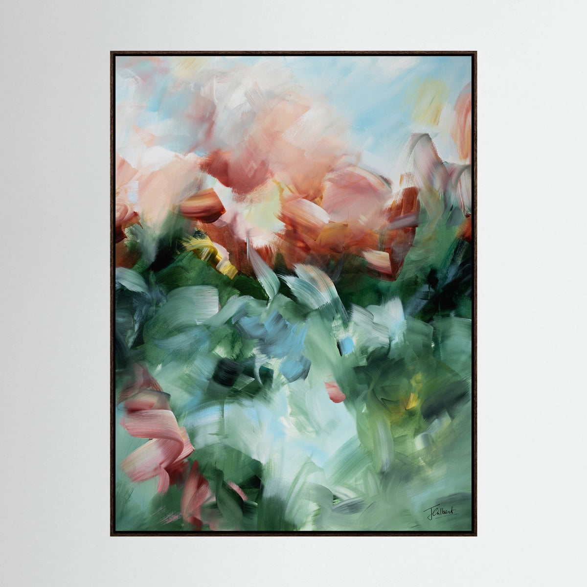 Emerald Glow 1 abstract painting in a dark oak frame, a vertical framed canvas print by Joanna Gilbert.