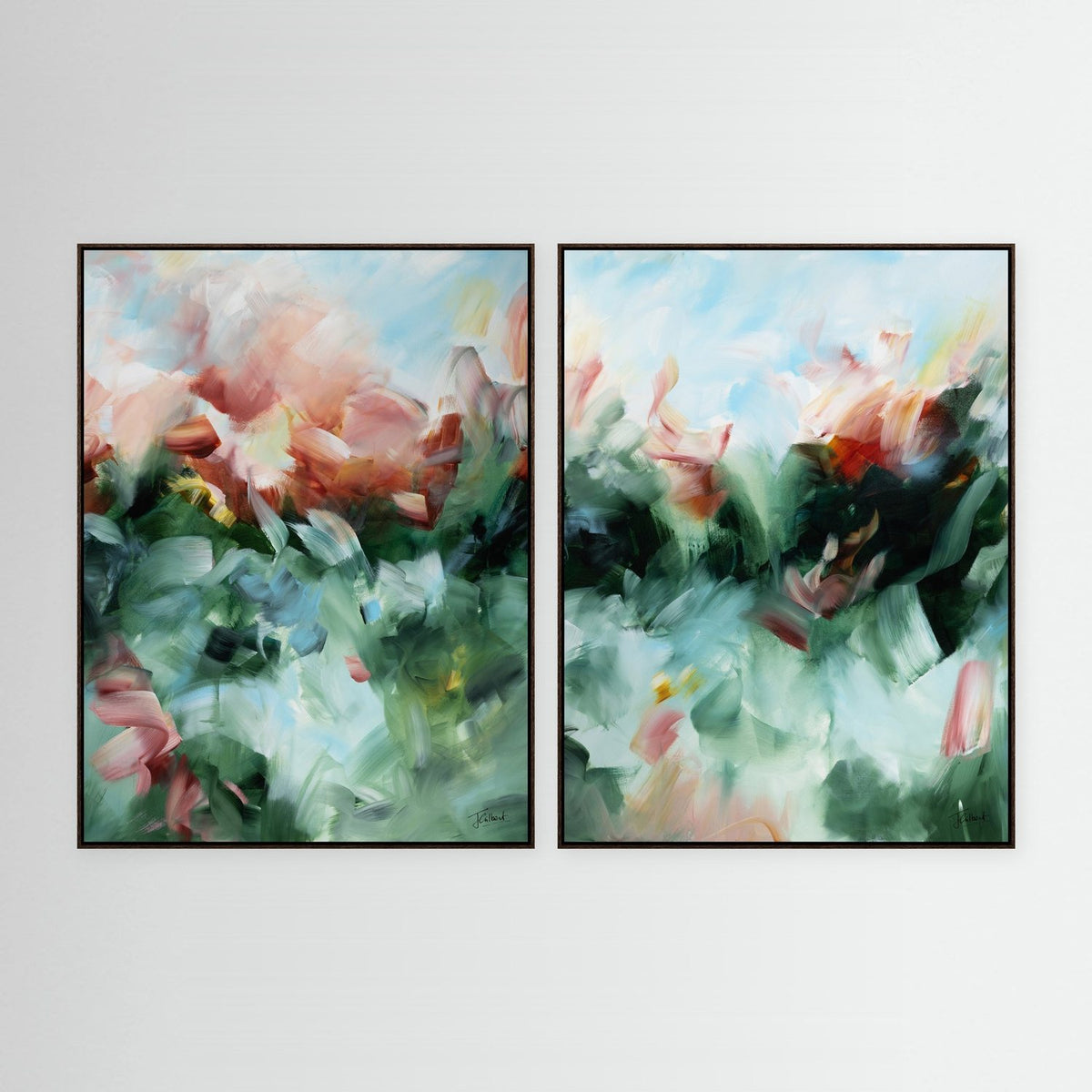 Emerald Glow abstract diptych in dark oak frames, a pair of vertical framed canvas prints by Joanna Gilbert.