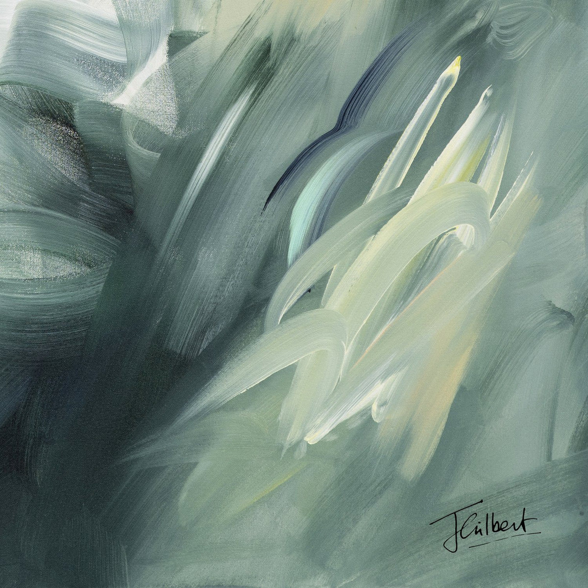 Hand signature of artist Joanna Gilbert on the Evergreen Echoes abstract canvas print.