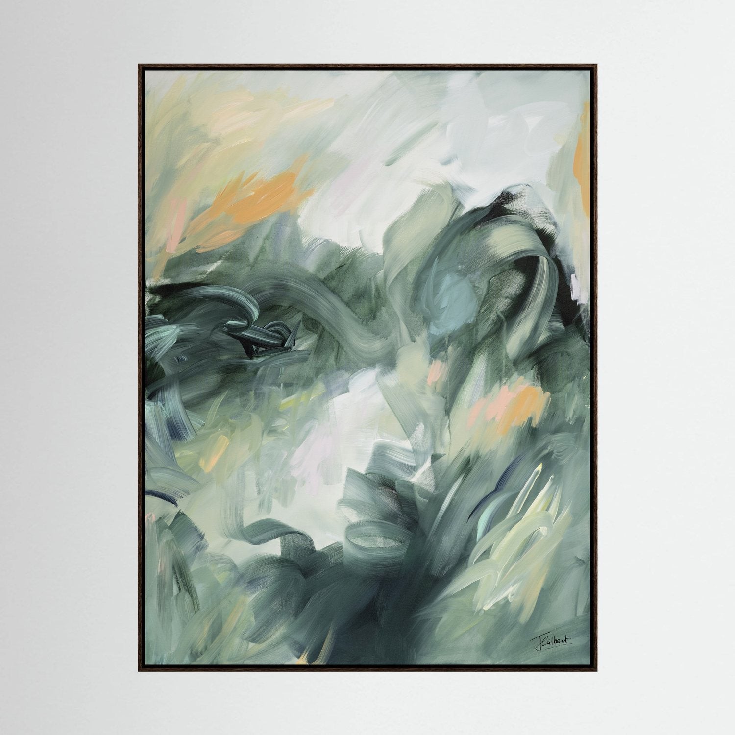 Evergreen Echoes 1 abstract painting in a dark oak frame, a vertical framed canvas print by Joanna Gilbert.