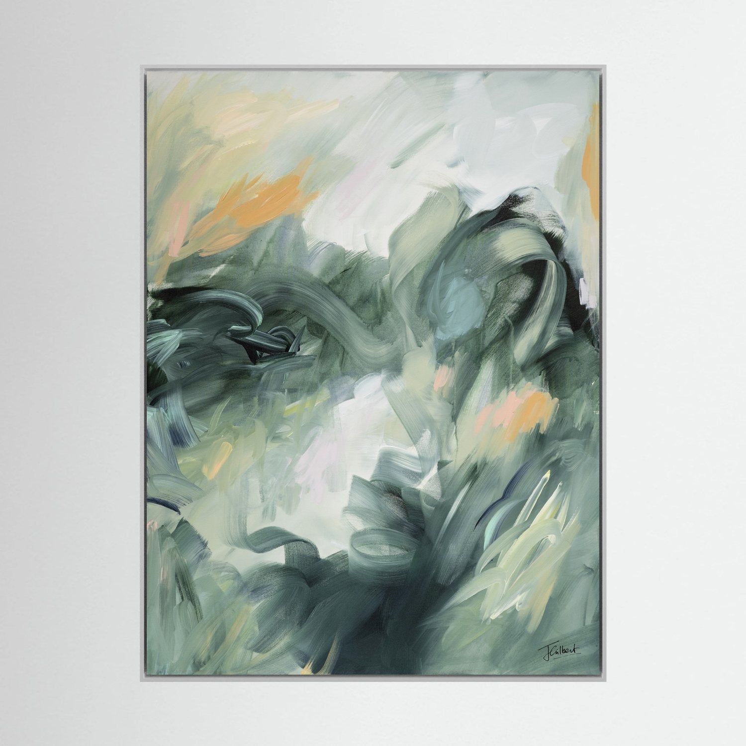 Evergreen Echoes 1 abstract painting in a white frame, a vertical framed canvas print by Joanna Gilbert.