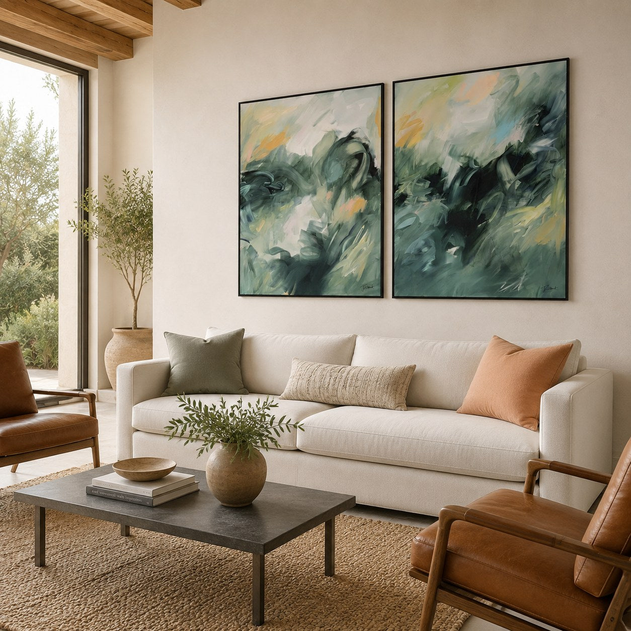 Evergreen Echoes vertical pair, room mockup