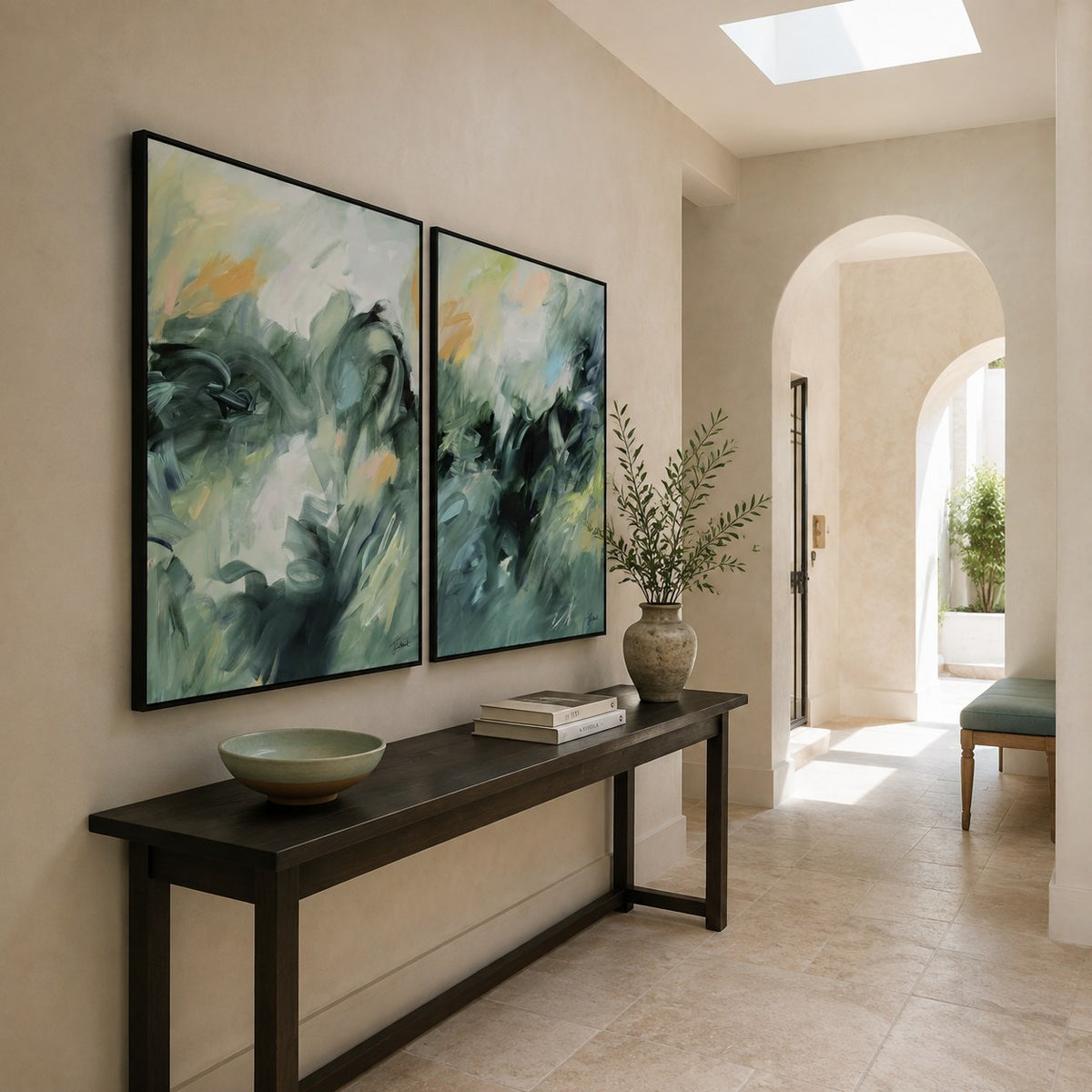 Evergreen Echoes vertical pair, room mockup