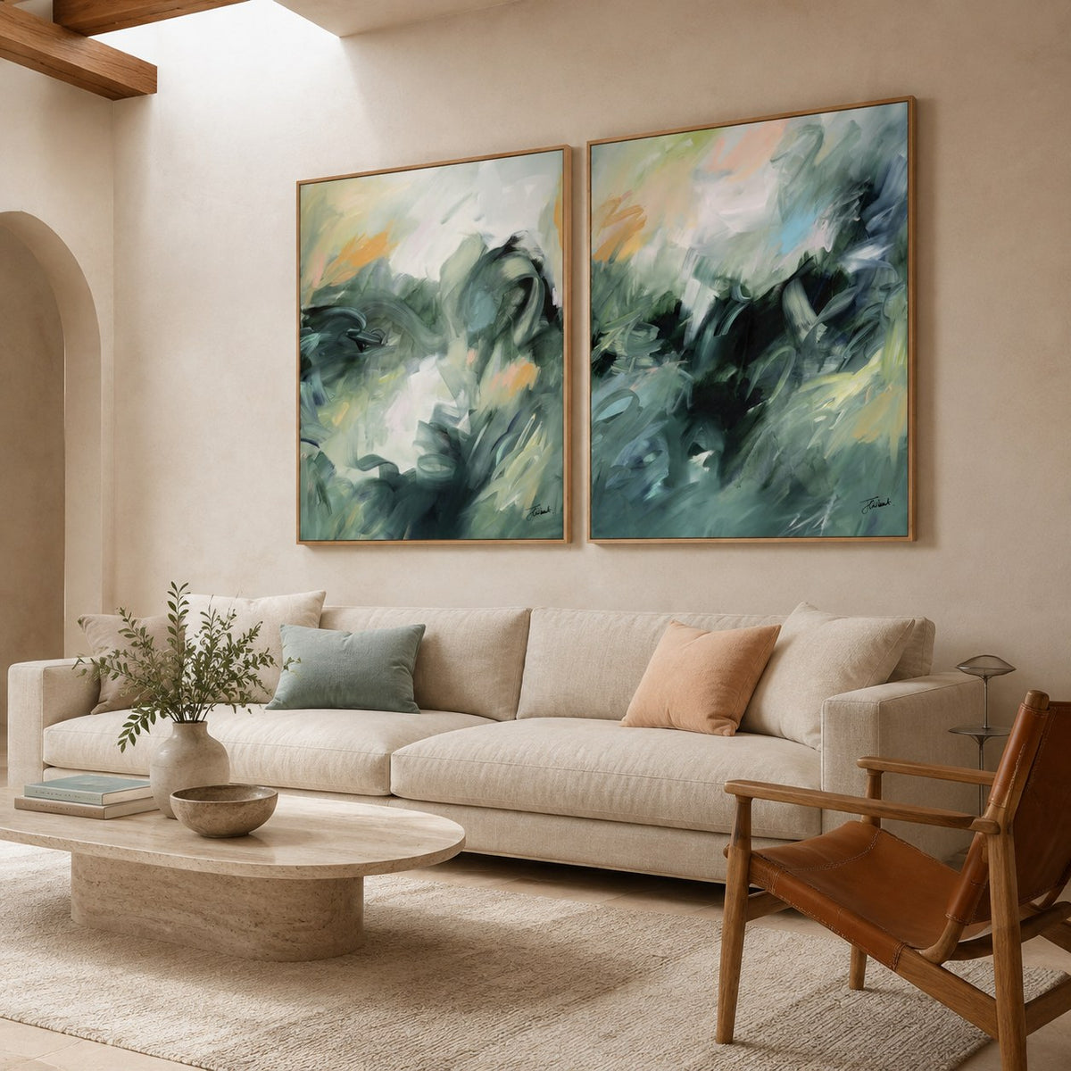 Evergreen Echoes vertical framed canvas print pair by Joanna Gilbert, shown together on a living room wall
