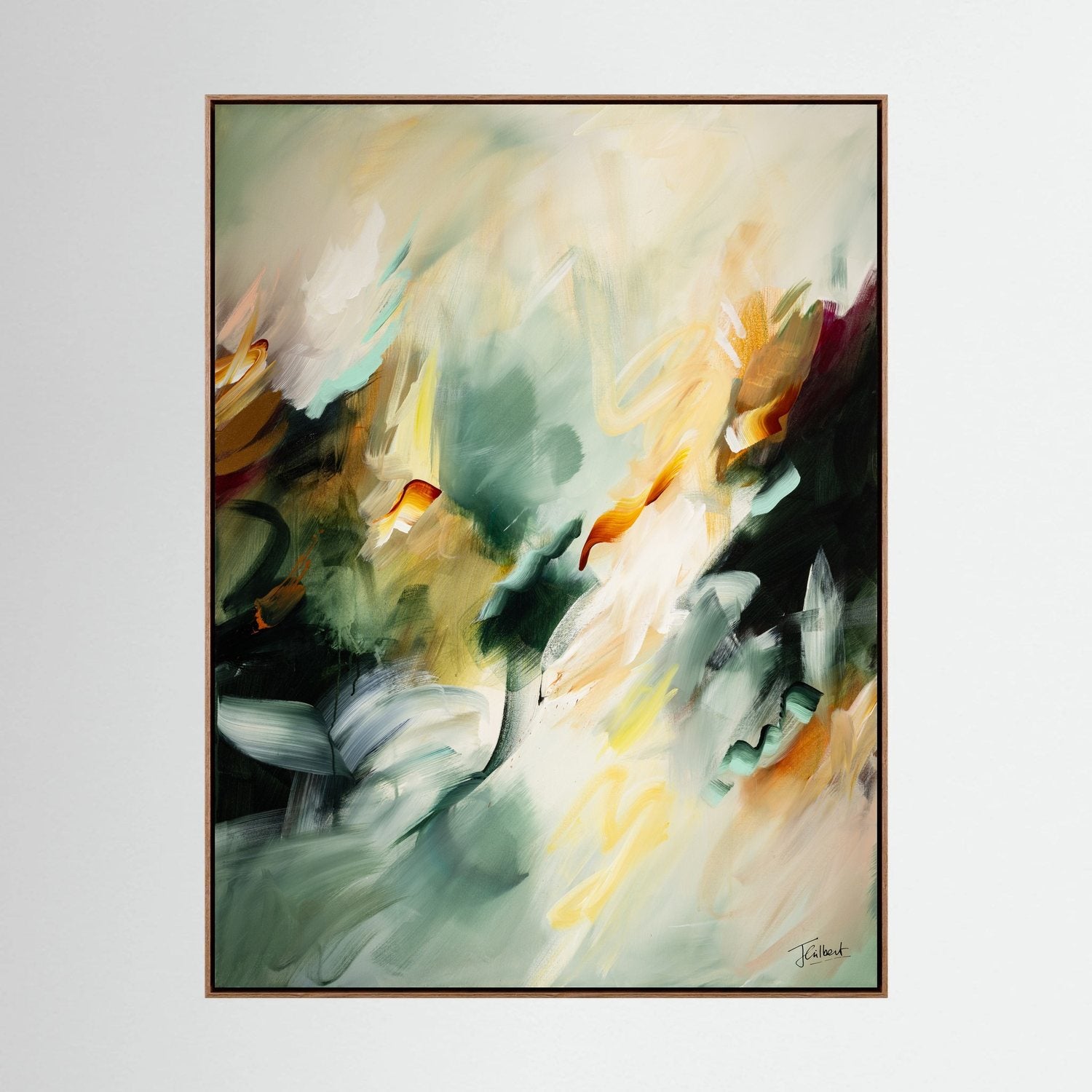 Golden Drift 1 abstract painting in an oak frame, a vertical framed canvas print by Joanna Gilbert.