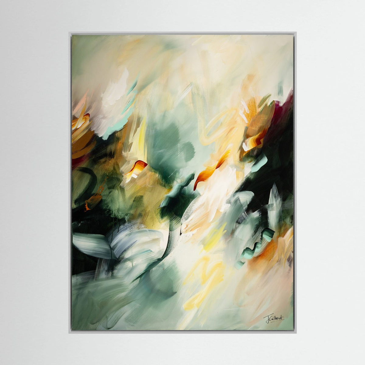 Golden Drift 1 abstract painting in a white frame, a vertical framed canvas print by Joanna Gilbert.